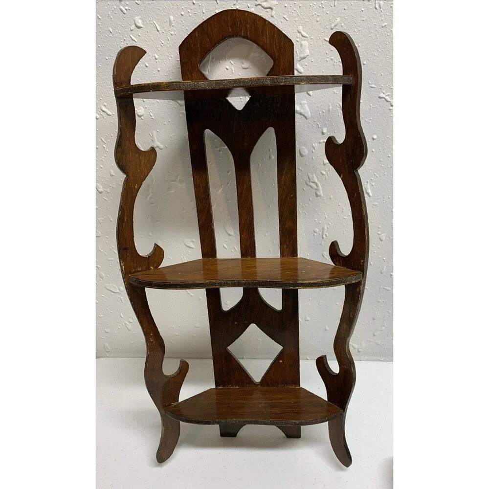 Vintage Wood Cut Out MCM Wall Shelf 3 Tier Figurine Antique Trinket